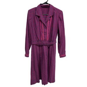 Vintage Gingham Long Sleeve Shirt Dress Pink Blue Belted Career Preppy Academia